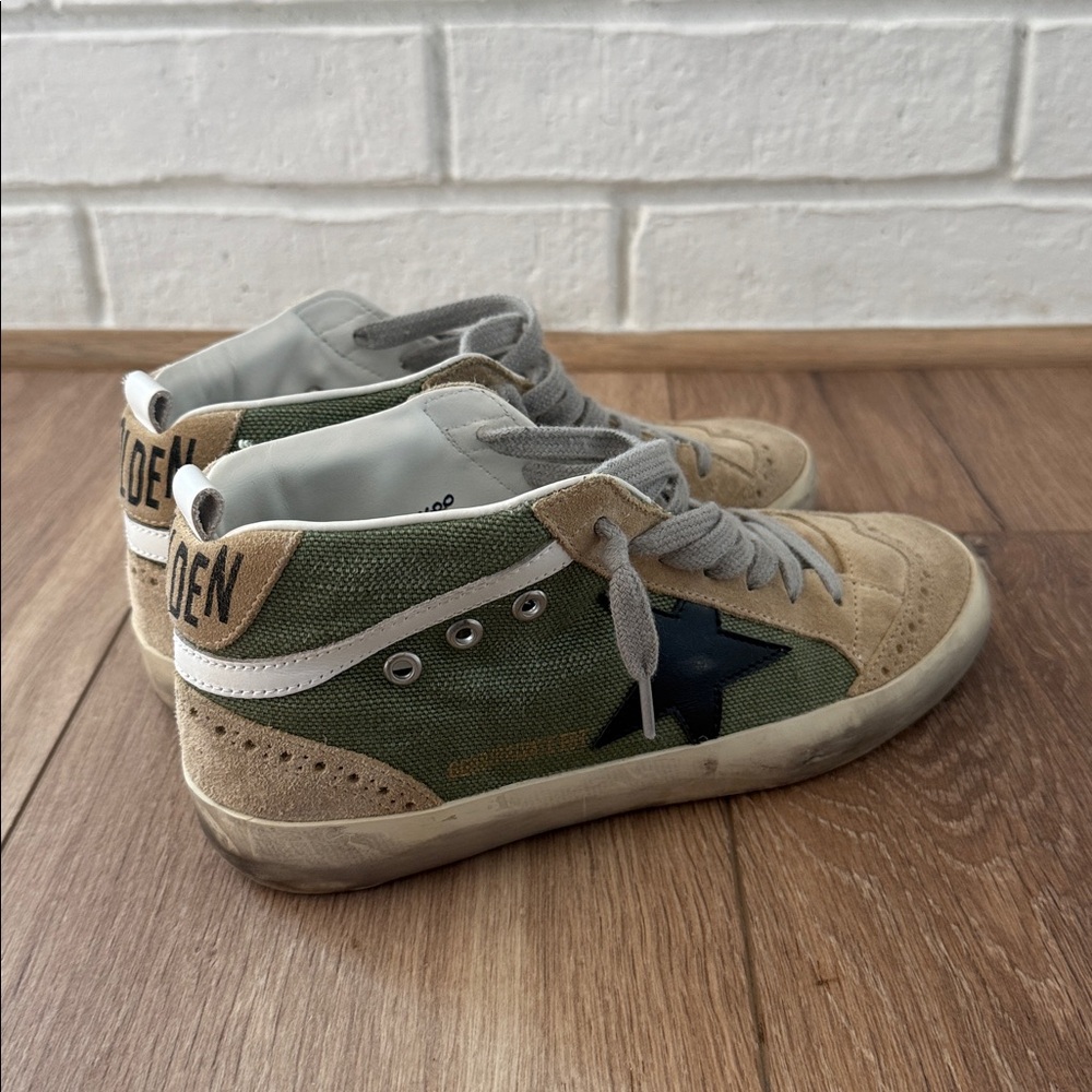 Golden Goose Olive and Beige High-Top Sneakers